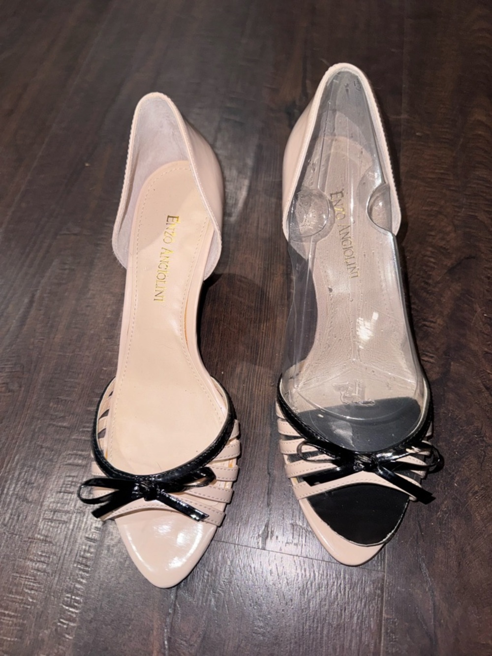 NWT Vintage Enzo Angiolini Nude Black Pointed Toe Curved Wedge Heels 7.5M